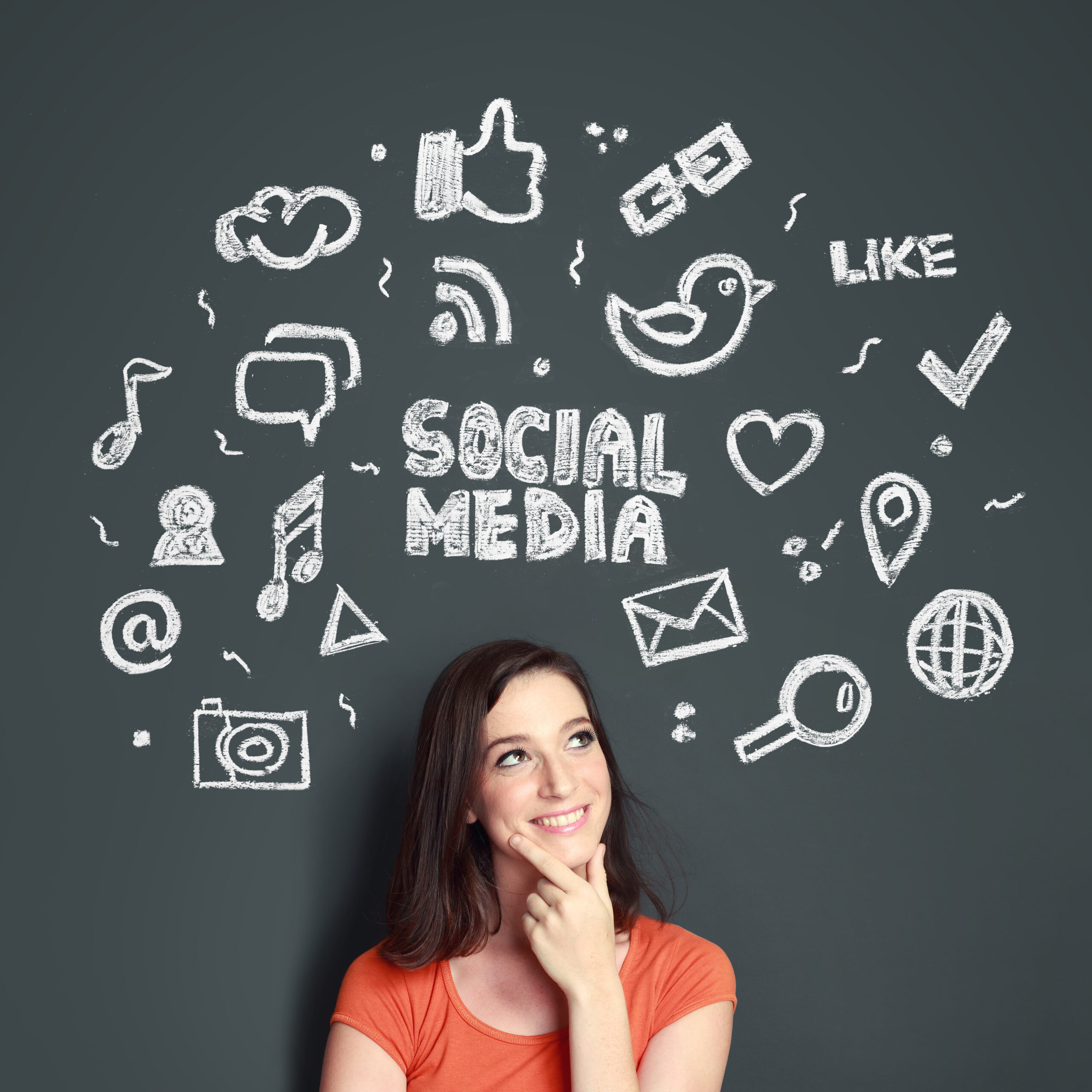 Happy young woman looking up of Hand drawn illustration of social media sign and symbol doodles