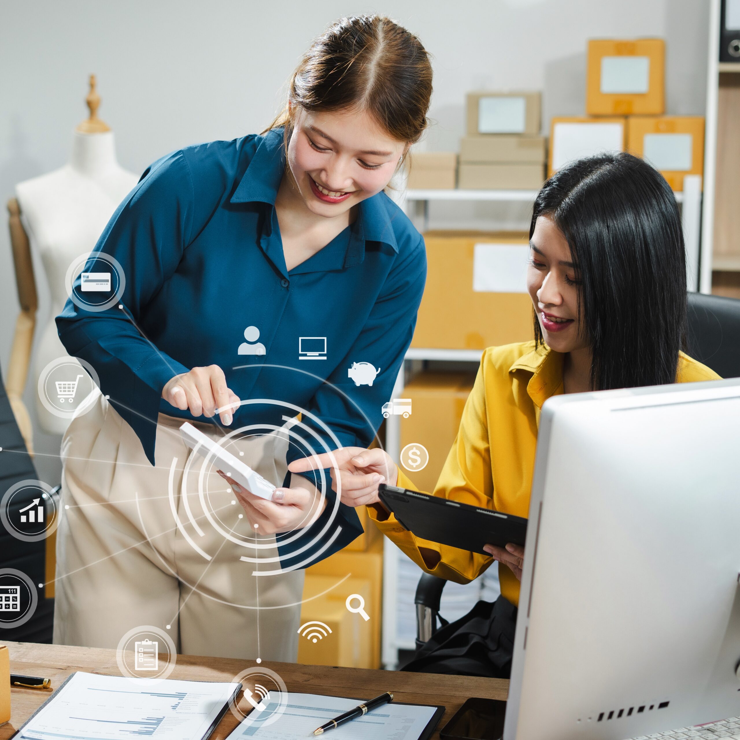 Two young asian woman work in back office for checking the product in the warehouse, concept e commerce.